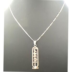 Vtg Egyptian Cartouche Pendant 18" Necklace Hieroglyph‎ Silver Tone